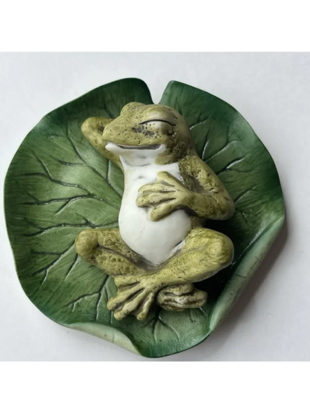 Vintage 1980s Japan Harvey Knox Porcelain Sleeping Frog On Lily Pad Figurine